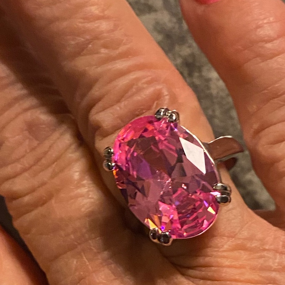 Elegant Pink Oval Synthetic Cubic Zirconia Silver Plated Cocktail Ring